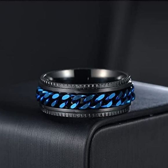 Ring Relief Jewelry - Unisex spinner fidget rotate ring size 8 black blue anxiety relief